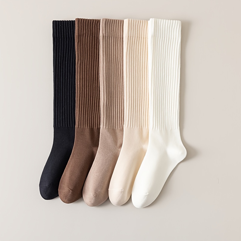 

5 Pairs Solid Rib-knit Calf Socks, Slim Fit Knee High Socks For Fall & Winter, Women's Stockings & Hosiery