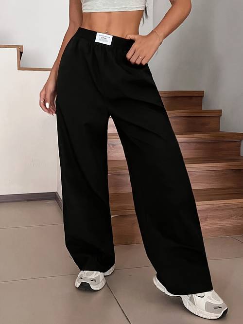 loose and casual black straight leg baggy pants with zhanga pattern for spring and