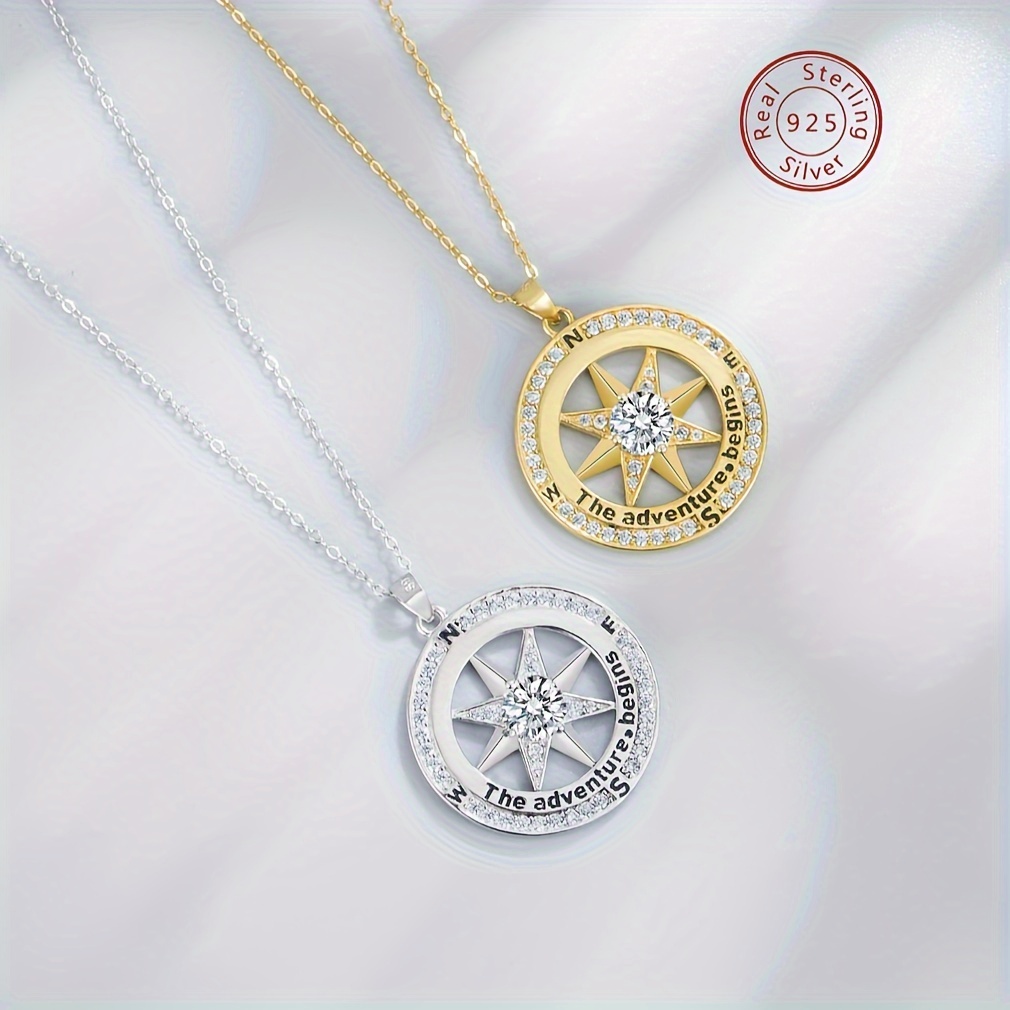 

Svsveltejewelrys925 Sterling Silver Compass Necklace Elegant Style Round Shape Pendant Necklace For Her, Women's Wedding Anniversary Jewelry With Box