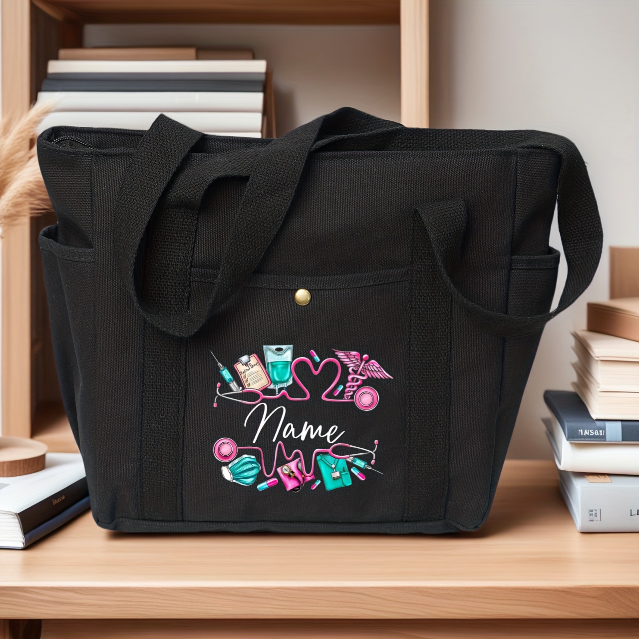 TEMU Una bolsa tote de gran capacidad, elegante y minimalista, diseñada a medida para enfermeras, con una correa de con cremallera. Esta tote de lona