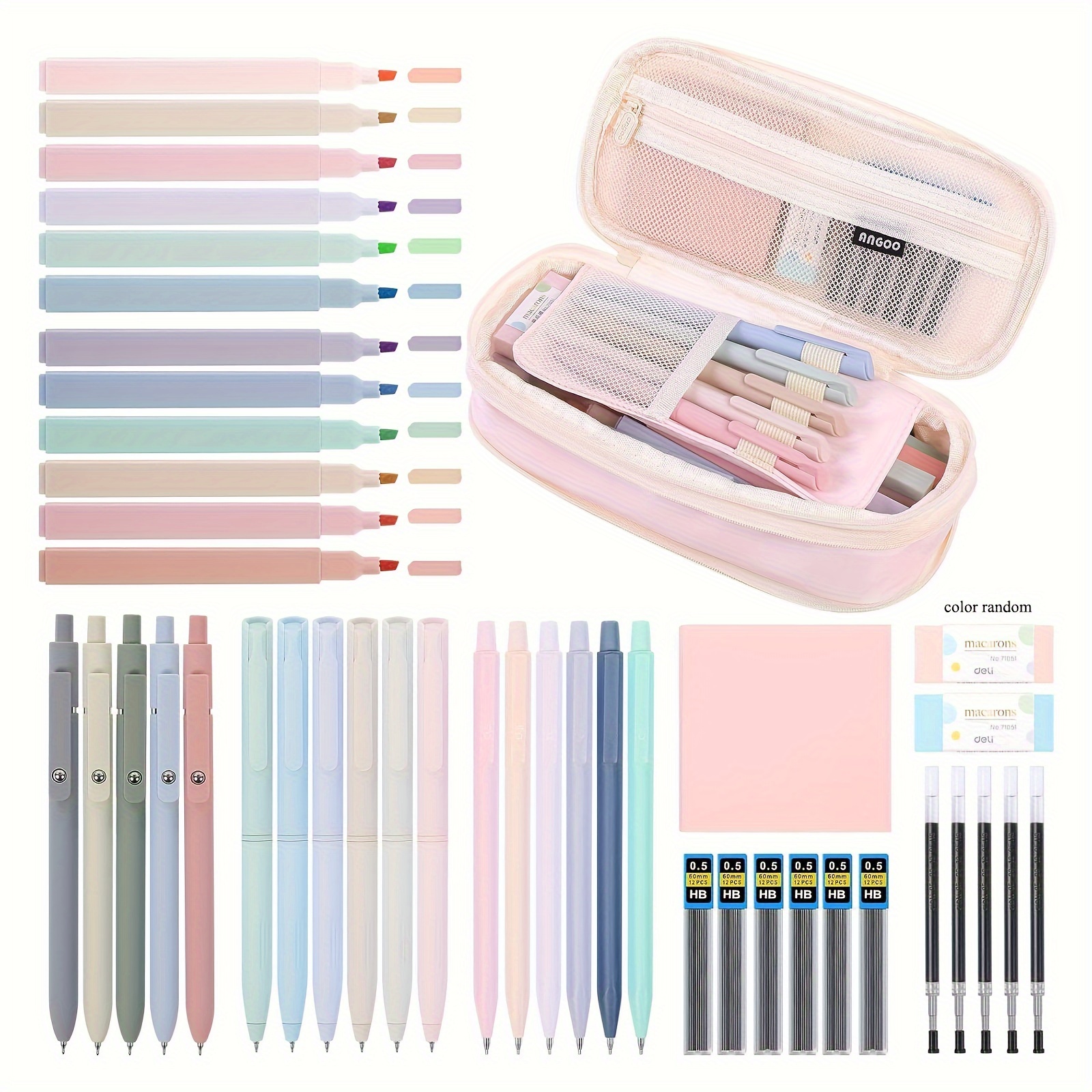 

44-piece Aesthetic Stationery Set With Large Capacity Pencil Case, Highlighters, Gel Pens, Mechanical Pencils, Notes, Erasers, And Refills - Extra , Plastic Material - Ideal Back To School Gift Kit