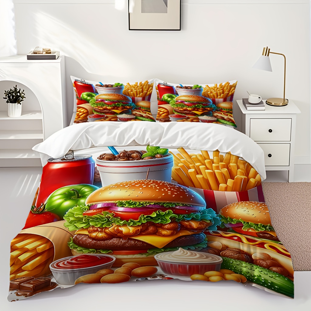 TEMU Bedding With A Hamburger Pattern, Including A Duvet Cover And 2 Pillowcases (excluding Pillow Inserts). Soft And Comfortable Against The Skin,
