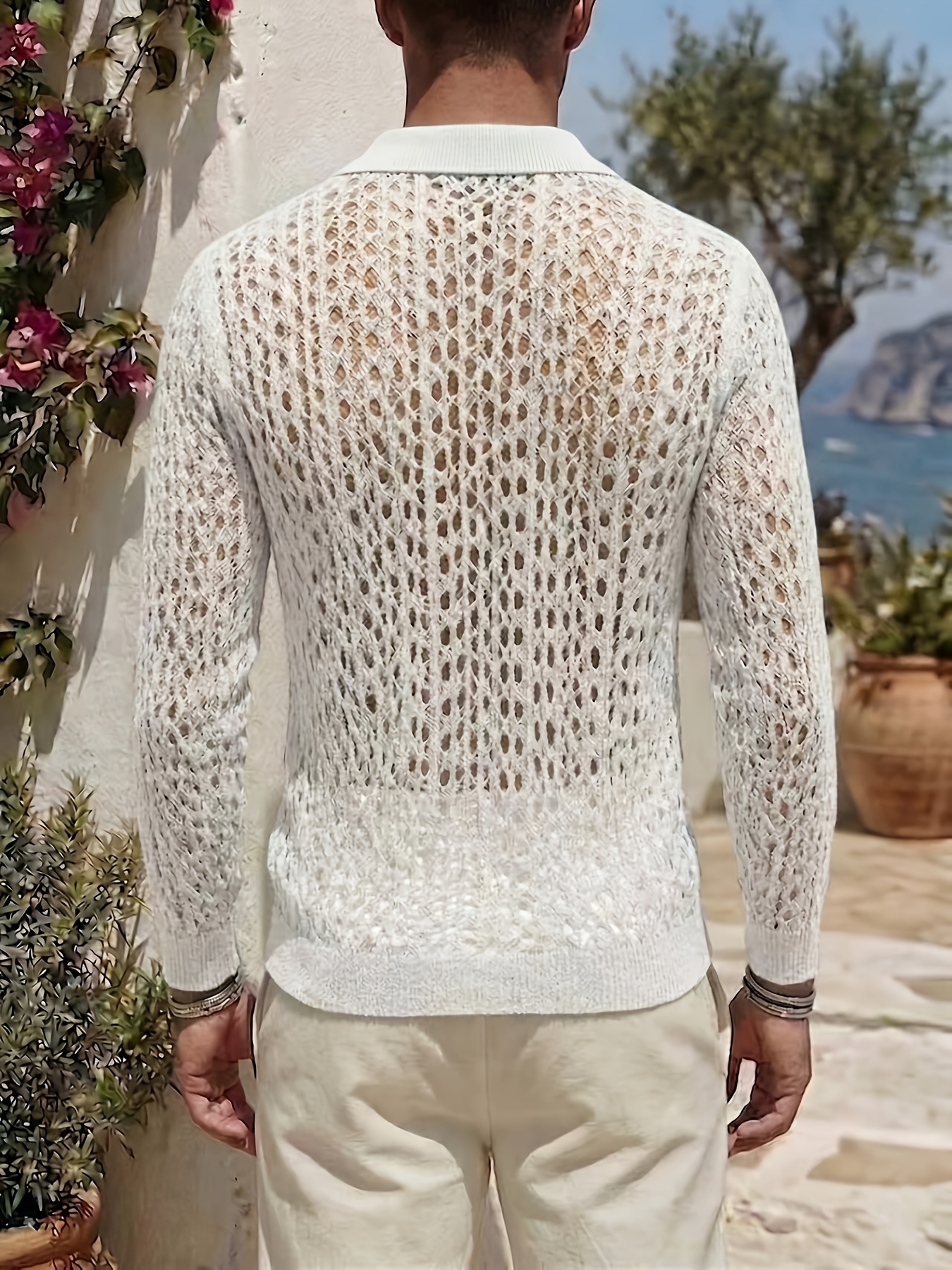 Men's Knitwear, Bean Green Hollow-out Knit Cardigan, Lapel & Single-breasted Design, Breathable & Casual, with a Relaxed Vacation Vibe