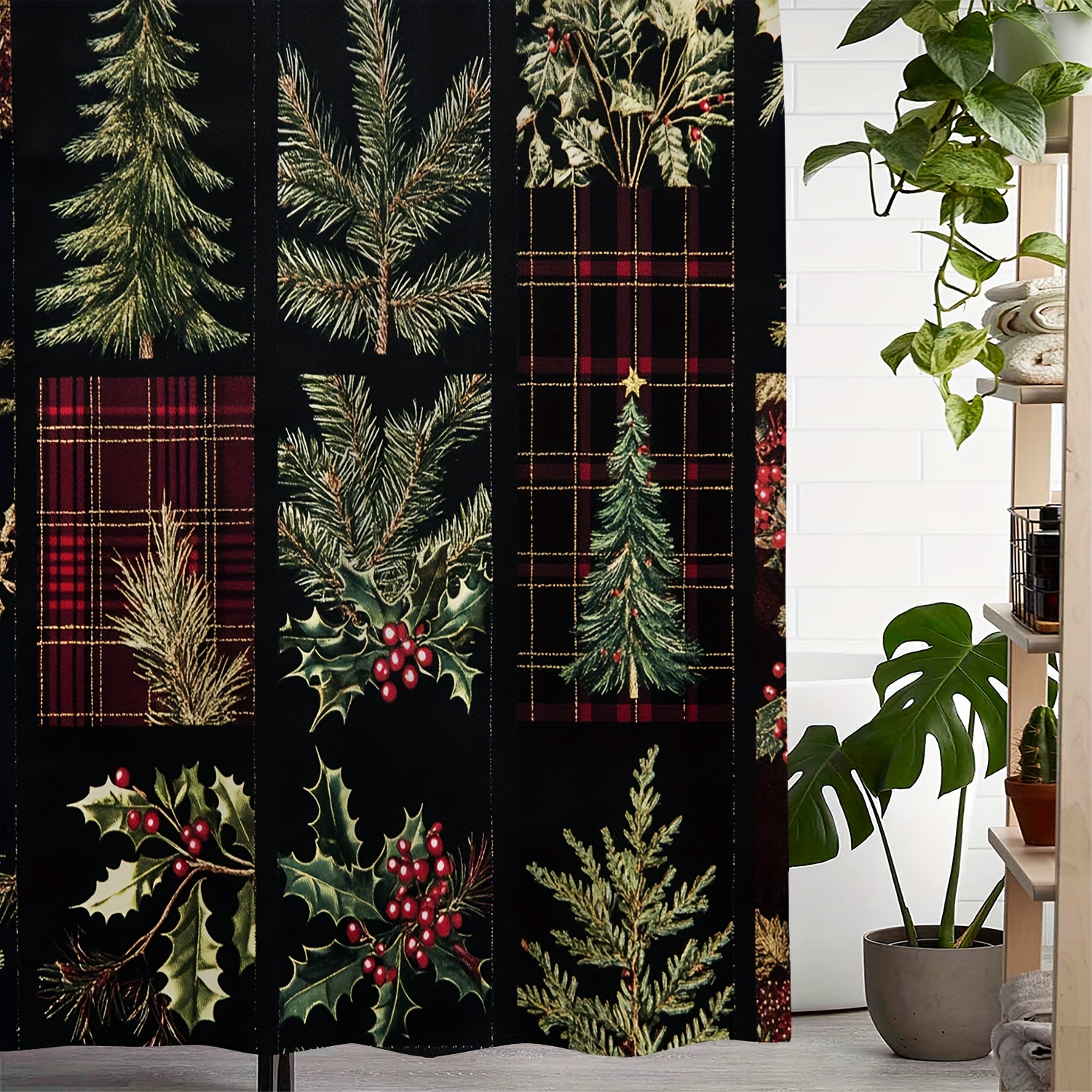 

Christmas Tree Plaid Print Waterproof Polyester Shower Curtain With 12 Hooks, Machine Washable Water-resistant Arts-themed Bathroom Decor With Unique Woven Fabric Design