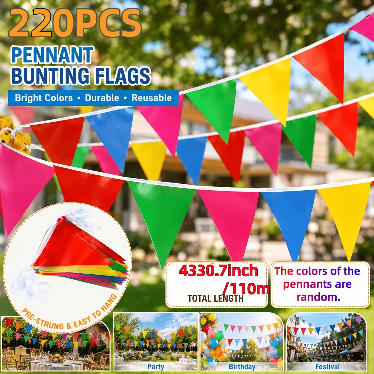 TEMU 220 piezas de banderines triangulares coloridos, guirnaldas de banderas multicolores - Perfectas para decoraciones de fiestas en casa, jardín al