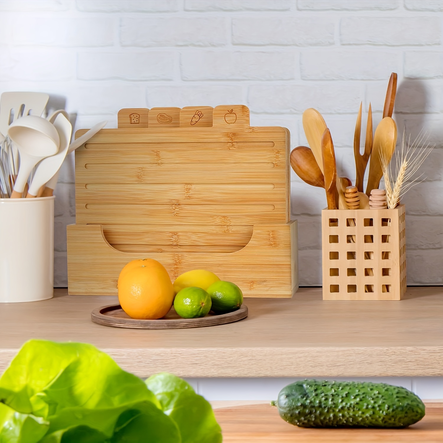 

Wooden Cutting Boards For Kitchen, Bamboo Cutting Board Set Of 4 With Holder Butcher Block, Chopping Meat Cutting Board Built- In Compartments Juice Groove With Food Icons Bread Vegetables Fruit