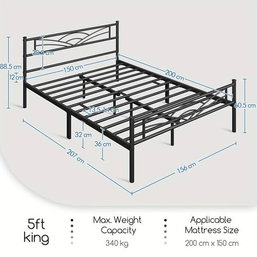 queen size bed measuring 150 200 89cm featuring a sturdy metal platform frame with a headboard and footboard providing underbed storage space this slatted bed is suitable for teenagers aged 14 and older as well as adults in a sleek black end