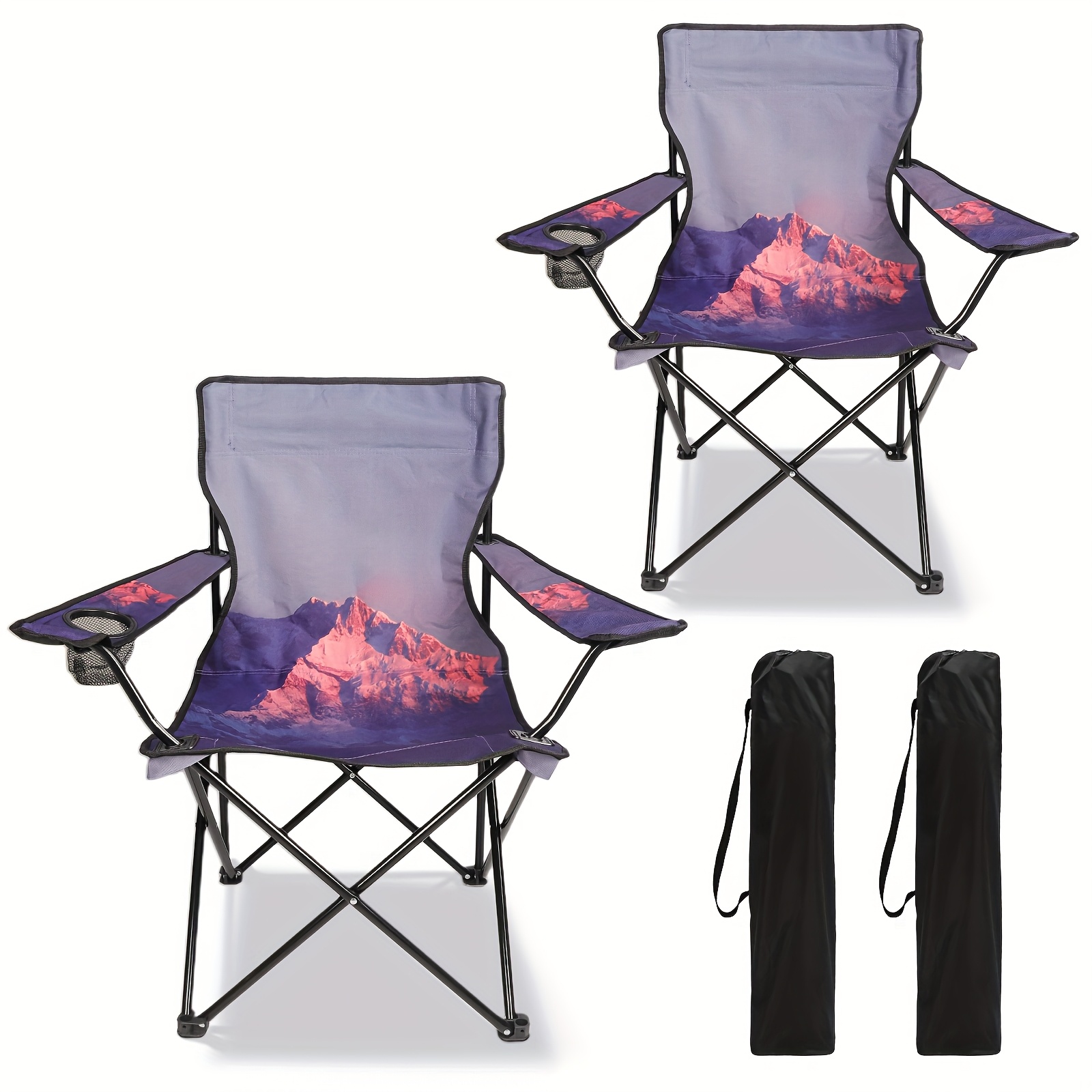 TEMU 1pc/2pcs Portable Folding Camping Chairs With Scenic Patterns - Lightweight, 225 Lbs. Weight Capacity, Outdoor Lawn Chairs With Cup Holders And