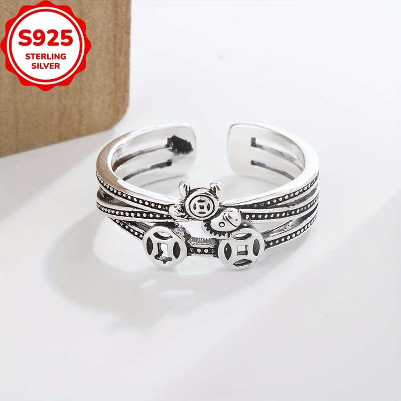 925 Sterling Silver Coin & Chain Bangle Bracelet Hip Hop Style Open Ring