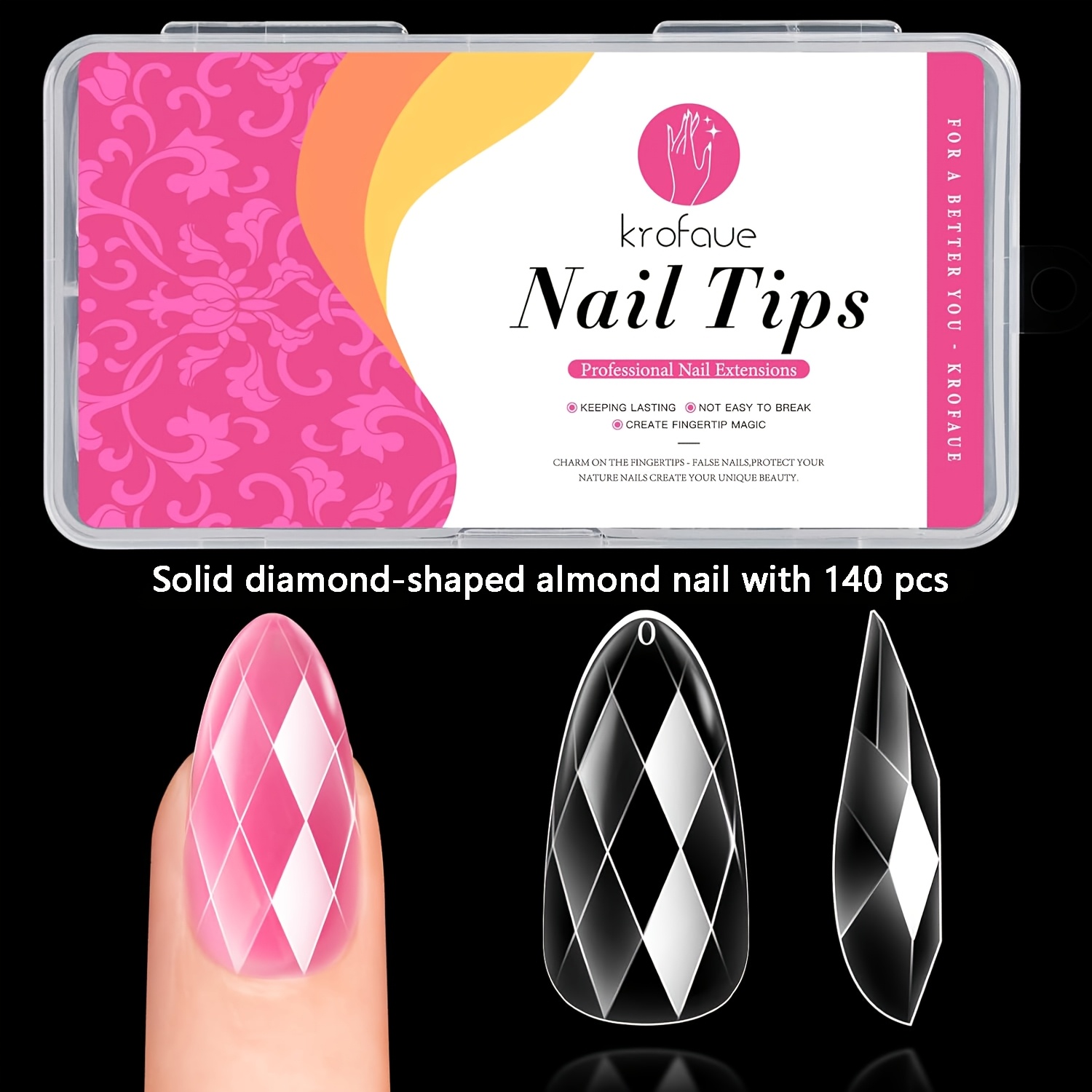 Image of 140pcs 3d Diamond-carved Nail Tips, 14 Sizes Almond And Square Full Cover Clear Nail Extensions, Firm Artificial False Nail Tips For Manicure Home Nail Salon
