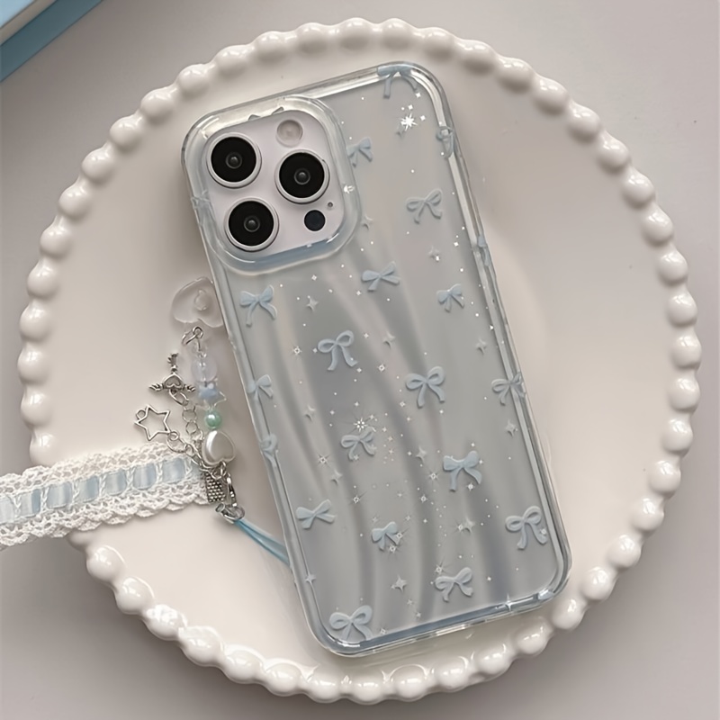 TEMU Coque de téléphone - Coque de téléphone double couche avec nœud laser laser bleu lait Meteor IND et décoration en dentelle pour iPhone 11 12 13