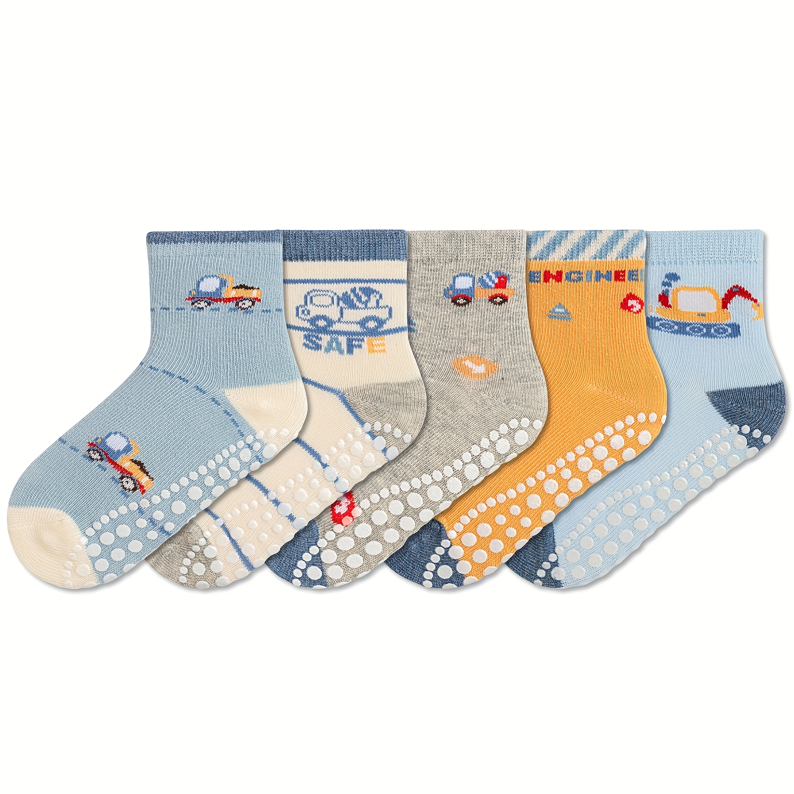 Image of Boys' 5-pair Pc Of Non-slip Mid-calf Socks, Car And Construction Vehicle Glue-dot Socks, Blue Striped Indoor Socks