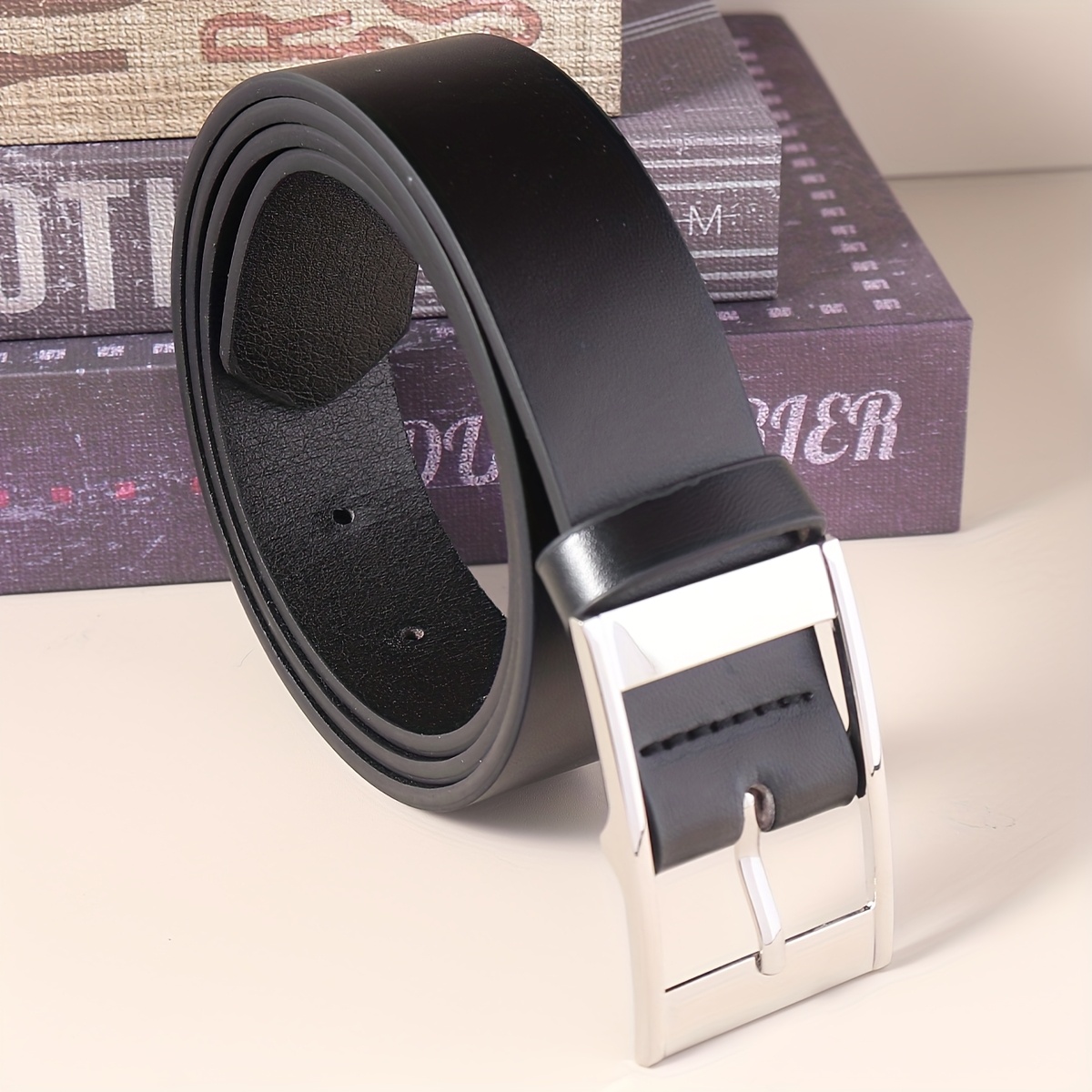 Men's Casual Rectangular Buckle PU Belt Solid Button Belt