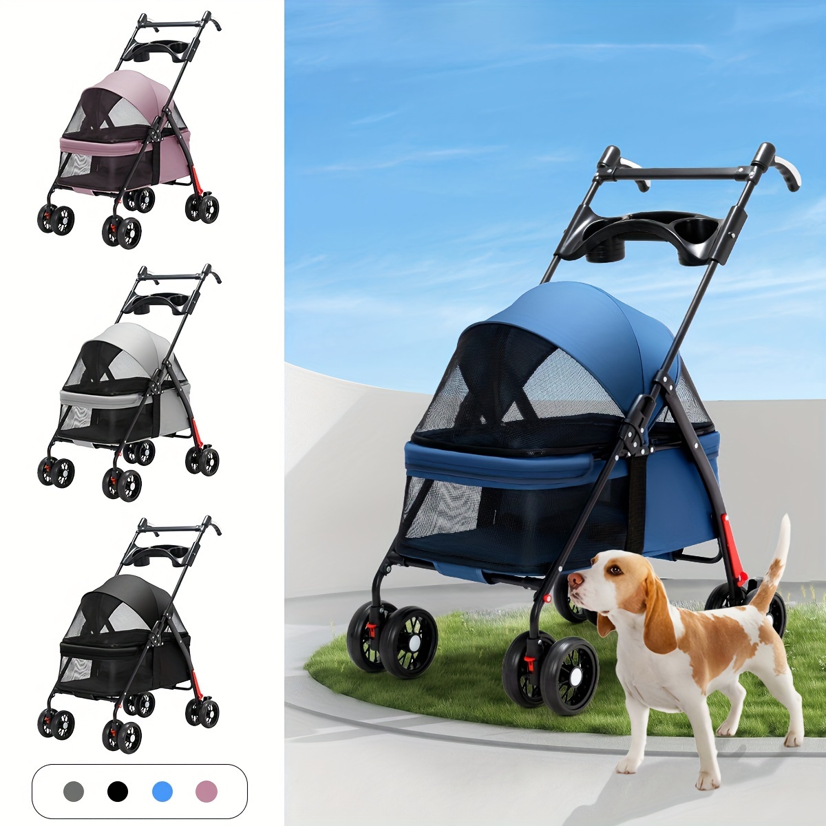 

Foldable 4-wheel Portable Pet Stroller With Breathable Mesh, Dual Hook, 360° Handle Adjustment For Small To Medium Dogs - Metal Frame With Durable Oxford Fabric For Walking, Travel, And Shopping.