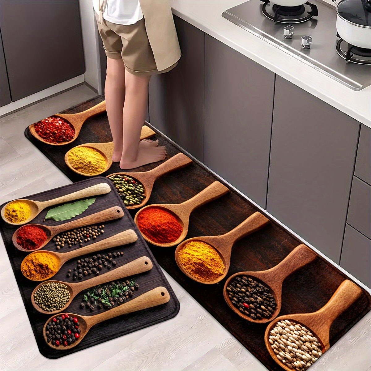 

1pc Non-slip Machine Washable Polyester Knit Kitchen Mat With Wood Grain And Condiments Design, Suitable For Living Room, Bedroom, Farmhouse, And Restaurant