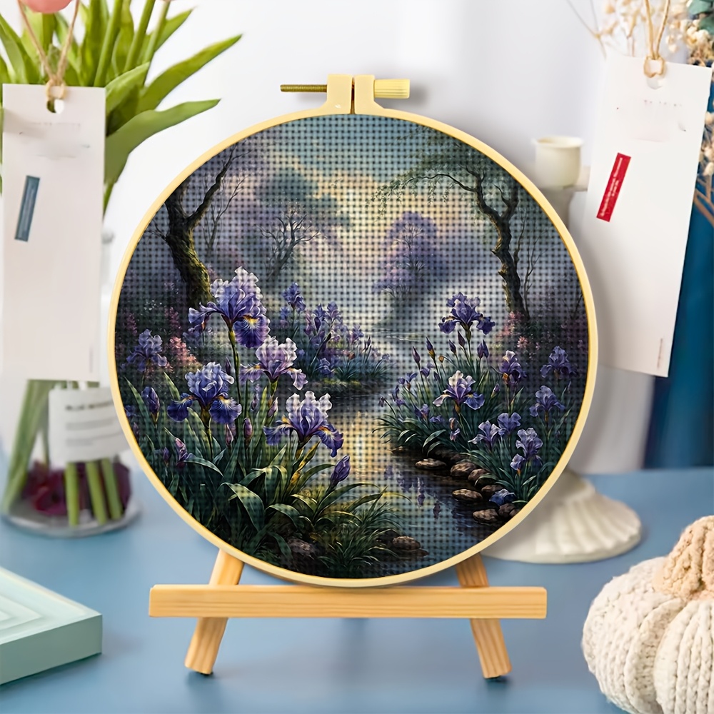 Cross Stitch Printed Kit, Frameless, Purple Flowers by The Stream Pattern