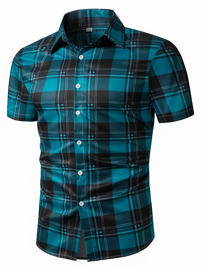 Men's Turquoise Blue & Black Plaid Dress Shirt