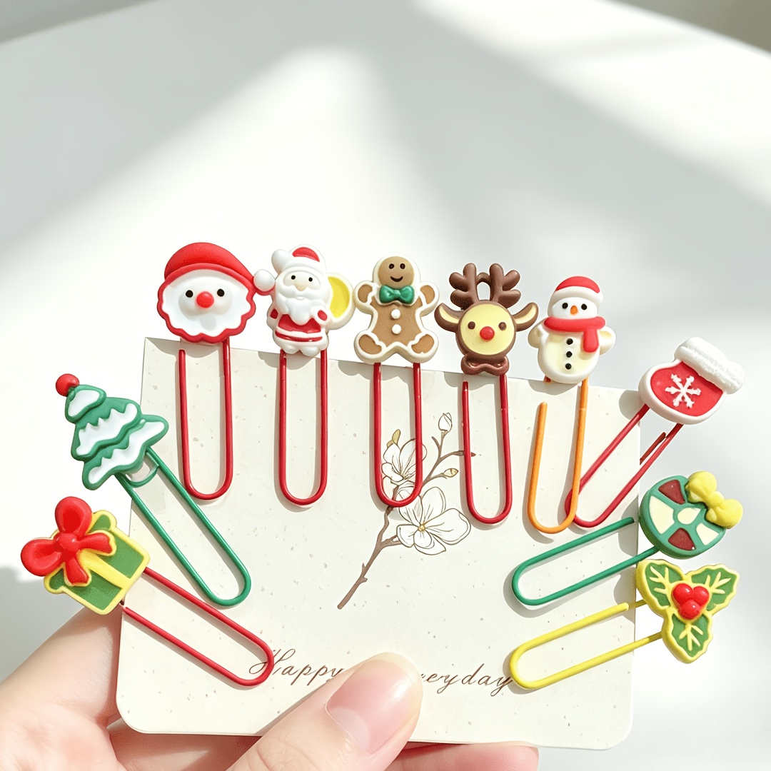 TEMU 10pcs Christmas Paper Clips, Cute Santa Snowman Gingerbread Man Elk Decorative Jumbo Paperclips, Colorful Large Paper Clips Markers For