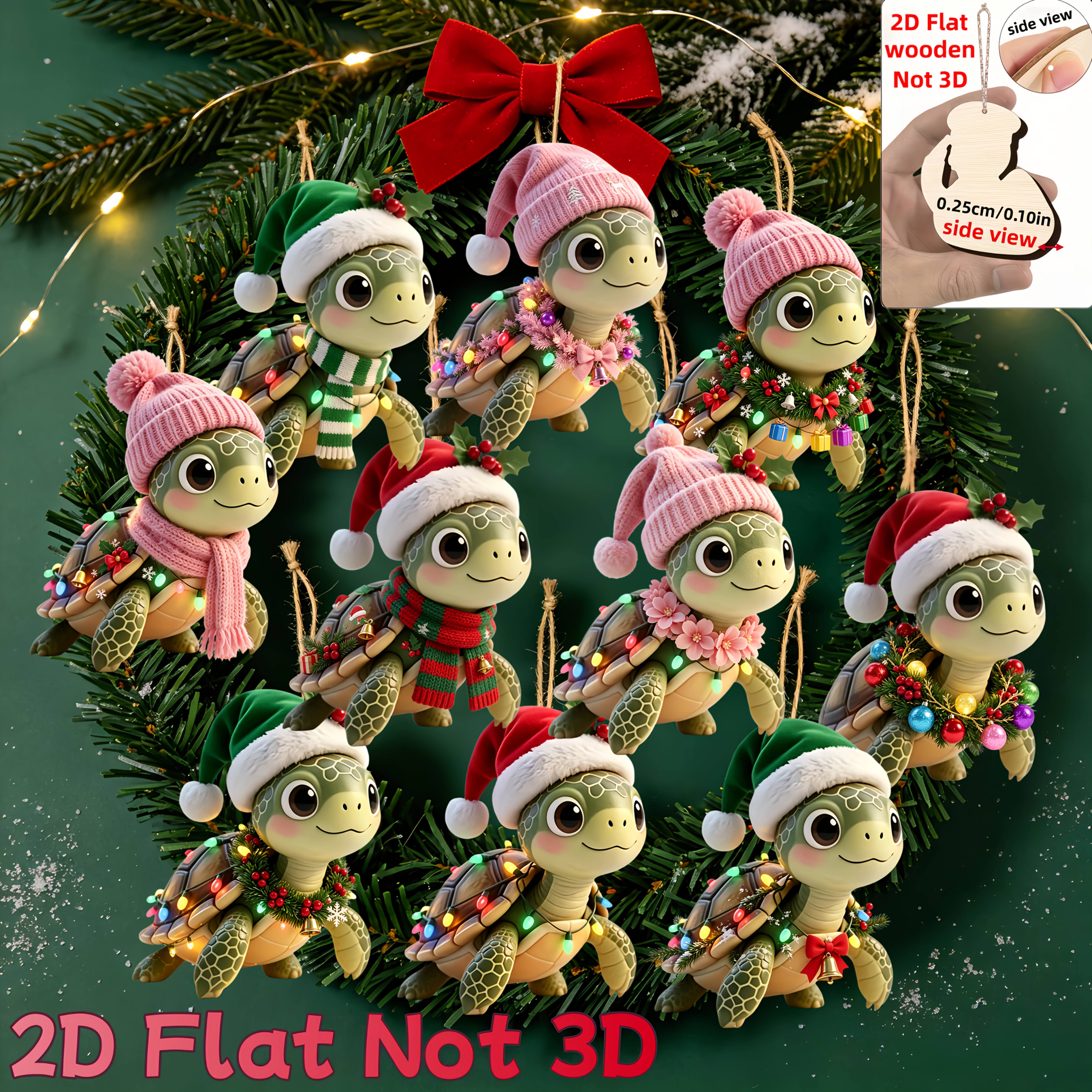 TEMU 2d Flat, 10pcs Christmas Themed 10pcs Cute Christmas Turtle Character Themed Design Pattern Wooden Ornaments, Handcrafted Wooden Ornament Set -