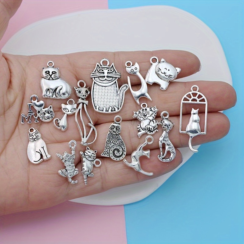 

15/10pcs Mix Cat Charms Handmade Craft Pendant Making Vintage Silver Color Lovely Cat Series Charms Diy For Bracelet Necklace Earring Small Business Supplies