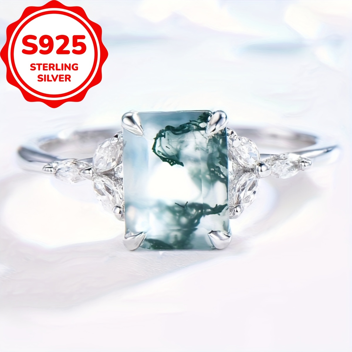 

An S925 Pure Silvery Unique Grass Agate Ring With Niche Design For Women, Fashionable And Elegant, Suitable For Marriage And Engagement, 2.8g