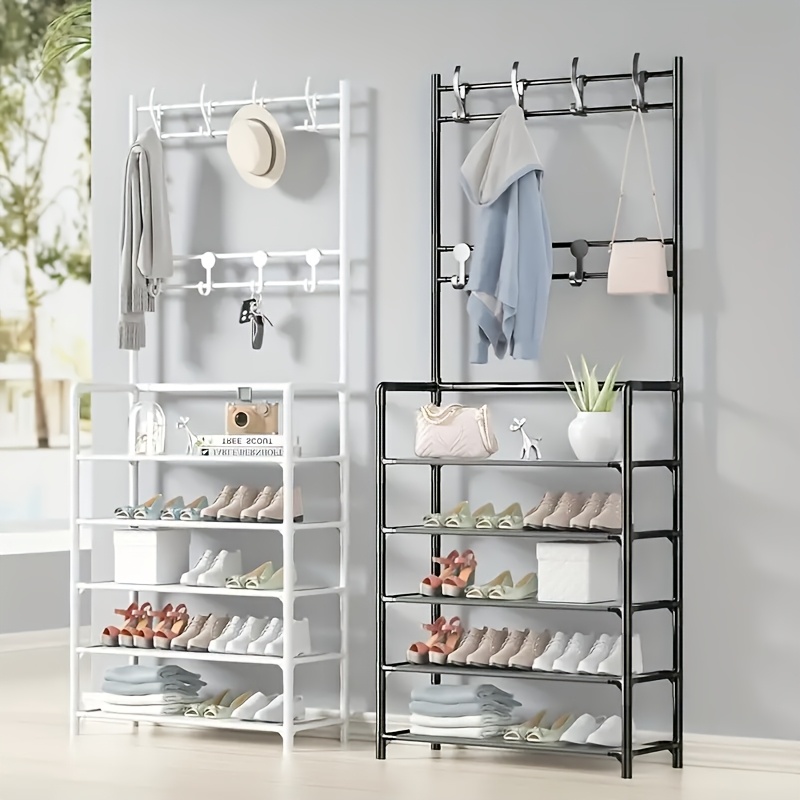 1pc 4 5 tier freestanding metal and plastic shoe rack with 8 hooks multipurpose clothes and shoe organizer easy assembly supports up to 5 lbs black white shoe storage organizer details 0