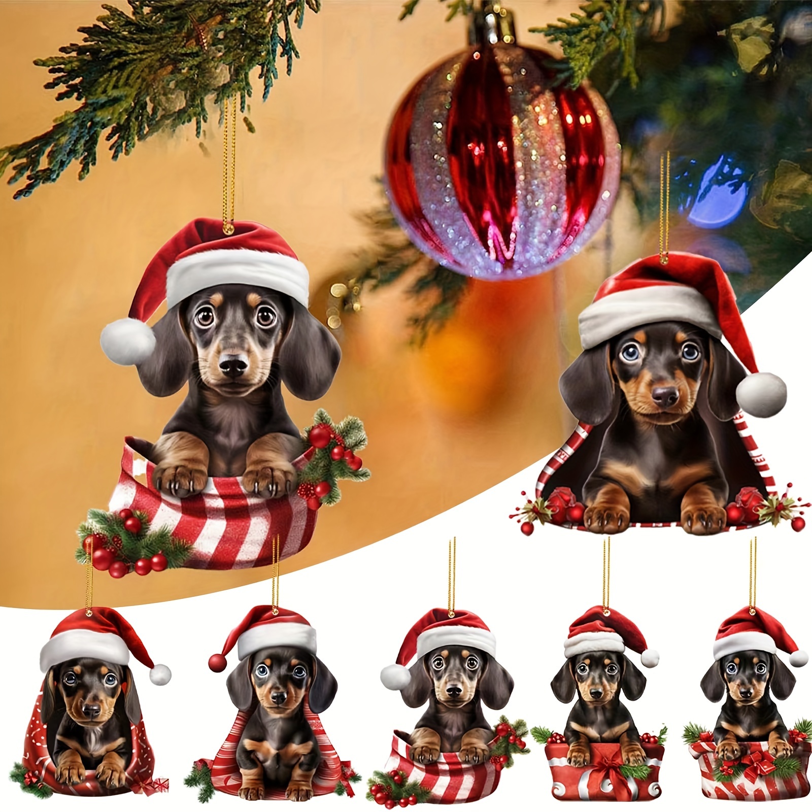 

Christmas Hanging Pendant Set Of 6, Decoration, - Dog In Hat, , & Car , Keychain , - Decor