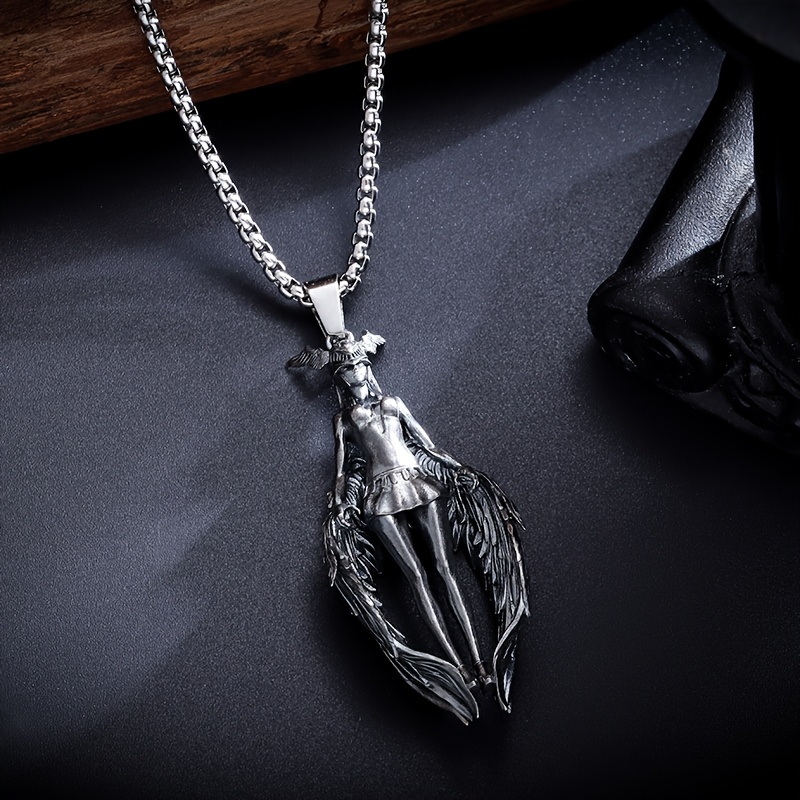Antique Silver Plated Winged Fallen Angel Pendant Necklace