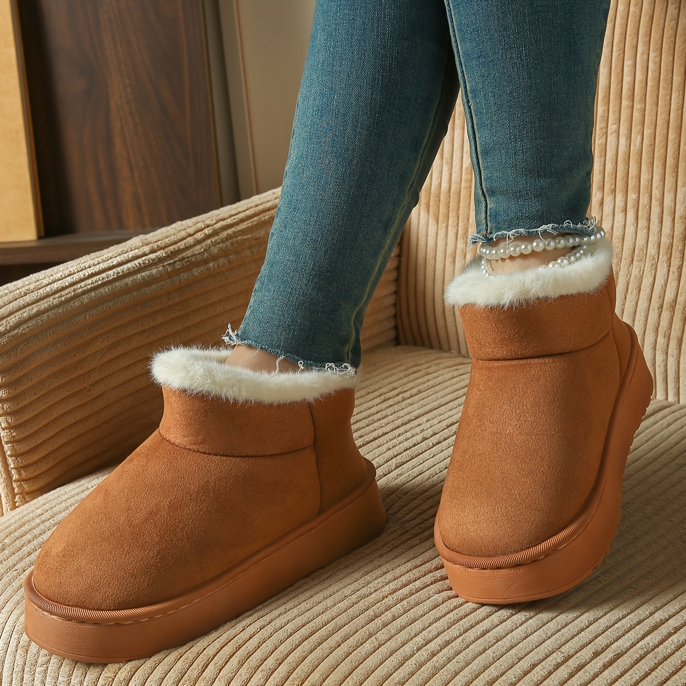 womens winter snow boots plush fur collar slip thick Temu United