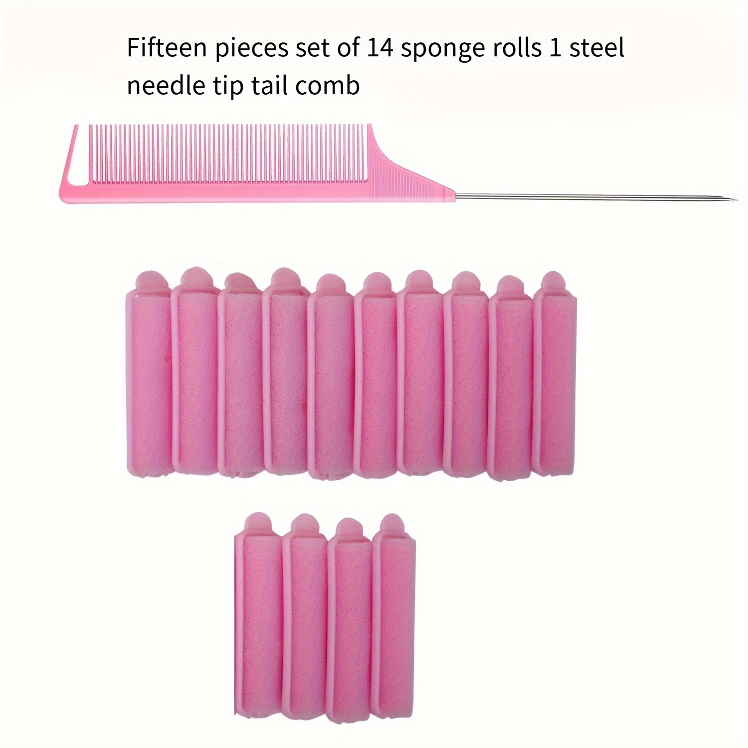 Image of 15pcs Pink 14pcs Sponge Hair Curlers 1pc Steel Needle Pintail Comb Sponge Hair Curlers Hair Styling Tools