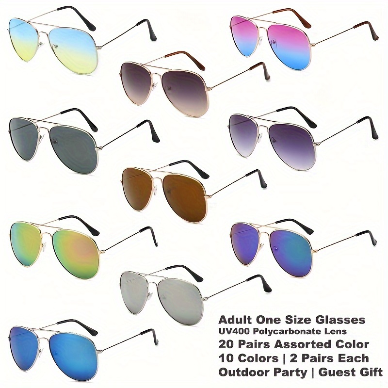 

20 Pairs Glasses, Assorted Color Pilot Glasses Contains 10 Colors Color, Uv400 , Metal Frame, For Group Events, Weddings, Bridal Shower, Group Activities, Party, Photo Props, Guest Gift