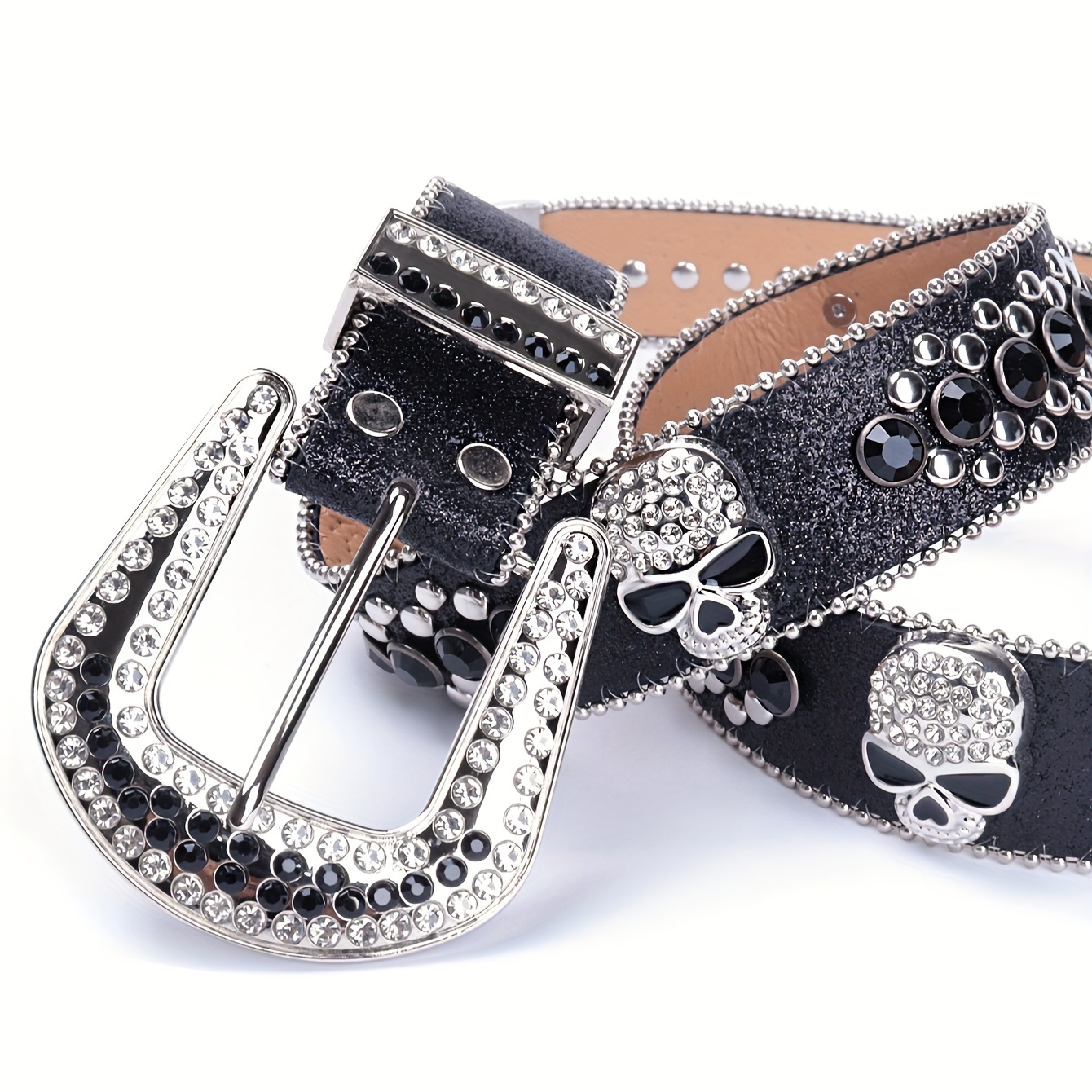 

Skull Rivet Rhinestone Belt Black Hip Hop Pu Leather Belt Western Cowboy Cowgirl Belts Bling Y2k Jeans Pants Belt For Women & Men