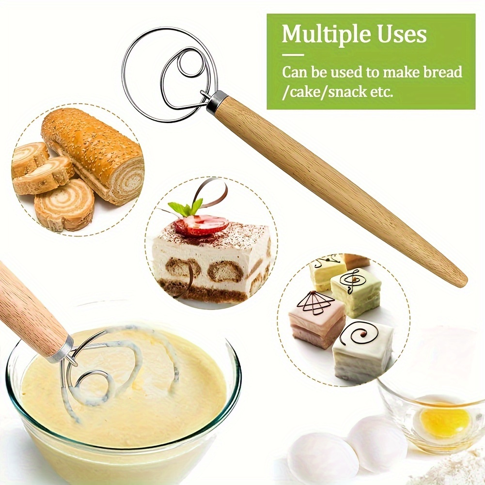 

Stainless Steel Danish Dough Whisk - Manual Bread Mixer With Wood Handle, Food-grade Kitchen Tool For Sourdough, Pastry, Cake, Includes Dough Scraper, Baking Accessory