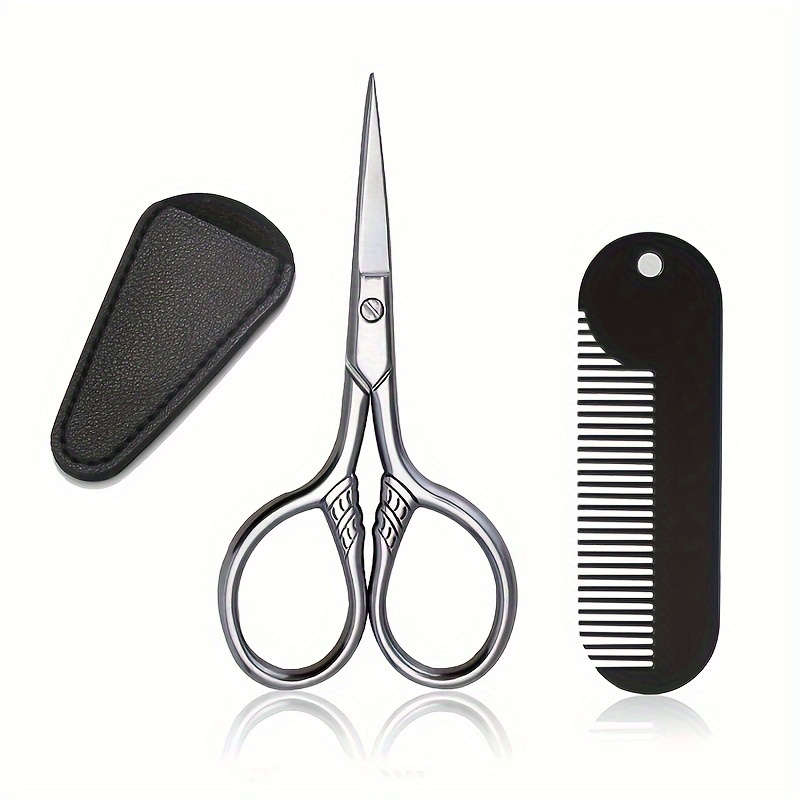 

3pcs Stainless Steel Grooming Kit: Precision Beard Scissors, Mini Mustache Comb & Faux Leather Case - Ideal For Nose Hair, Beard & Eyebrow Trimming