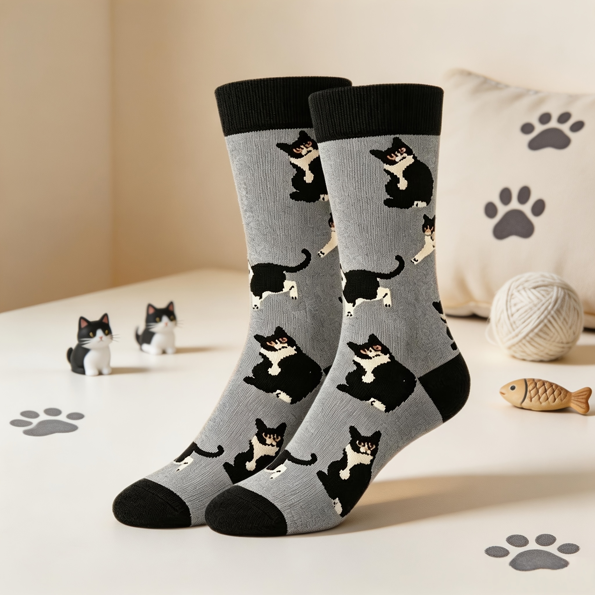 TEMU 1 Pair Women's Black And White Tuxedo Cat Mid-calf Socks, Fun Cartoon Casual Socks With Black White Cat Pattern, Stretchy Comfortable For Autumn