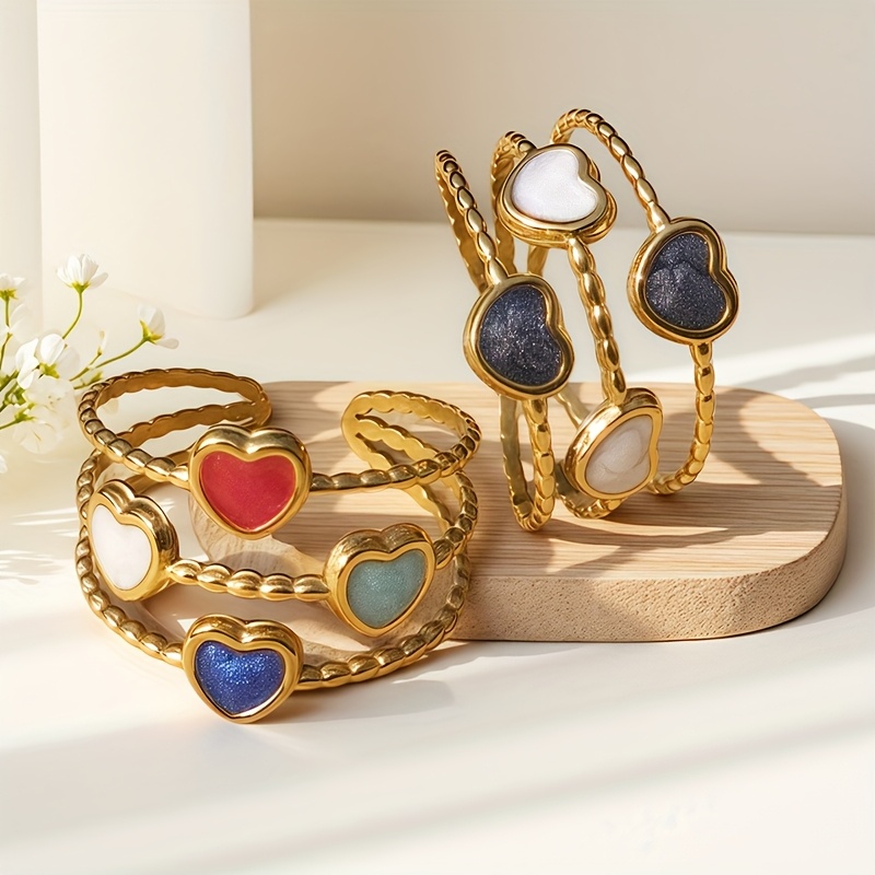 TEMU 2pcs 304 Stainless Steel 18k Golden Plated-plated Heart Enamel Ring, Peach Heart Oil Pressure , For Teenager