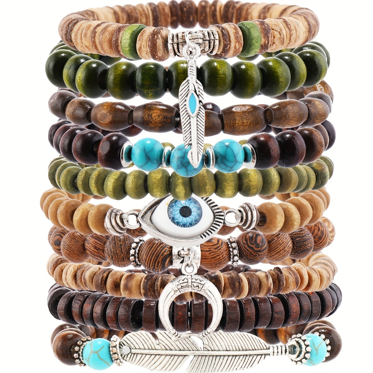 TEMU Boho Style 10-piece Set Wooden Bead Bracelets With Feather, Evil Eye, And Wing Charms - Natural Wood And Turquoise Bead Bracelet Set For Couples