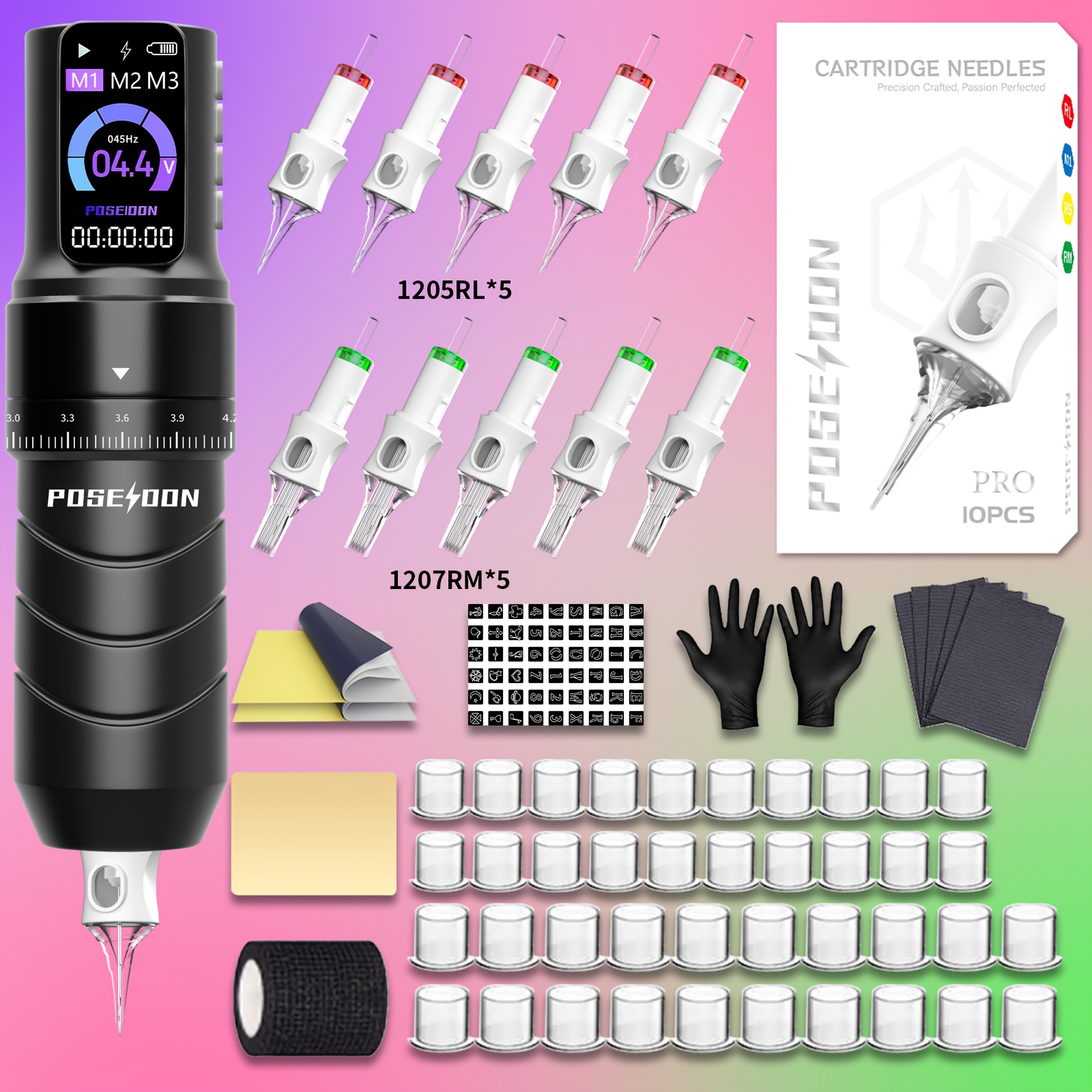 Poseidon Tattoo Machine Set Includes A Tattoo Gun, 10 Needles, A 2300mah Battery, And Is Designed For Beginners And Professional With A Cordless Feature