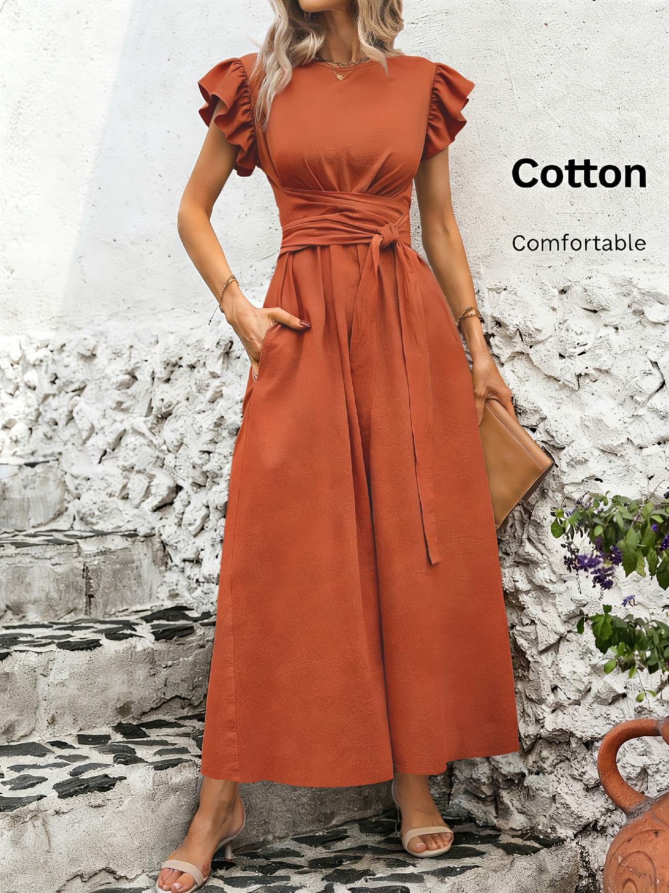 item picture womens solid color casual tie up ruffle sleeve dress