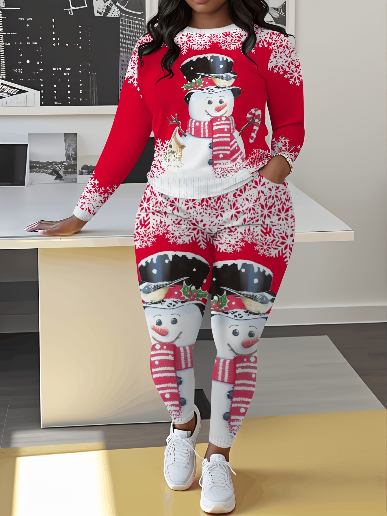 Women'S Long Sleeve And Pants Set, Snowman And Pants Print, Pockets On The Pants, Casual Crew Neck, Medium Stretch Fabric, Straight Leg, Regular Sleeve, Daily Casual Wear, Holiday Attire| Print|Pocketed Pants, Plus Siz - Women' Clothing