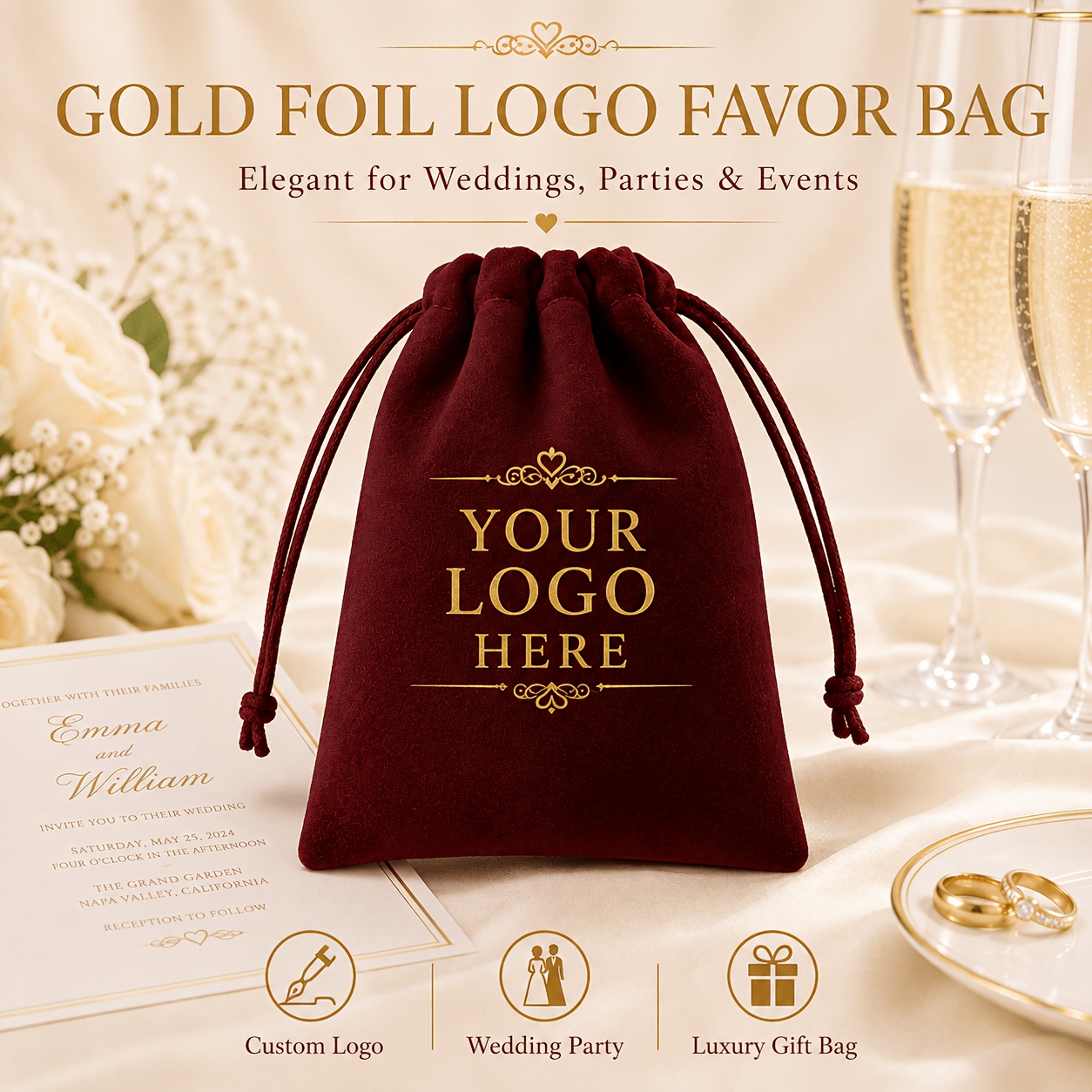 TEMU Personalized Burgundy Velvet Suitable For Weddings Showers Bridal Shower Gift Bags - Custom Logo/text/logo Print Drawstring Pouch With Ring &