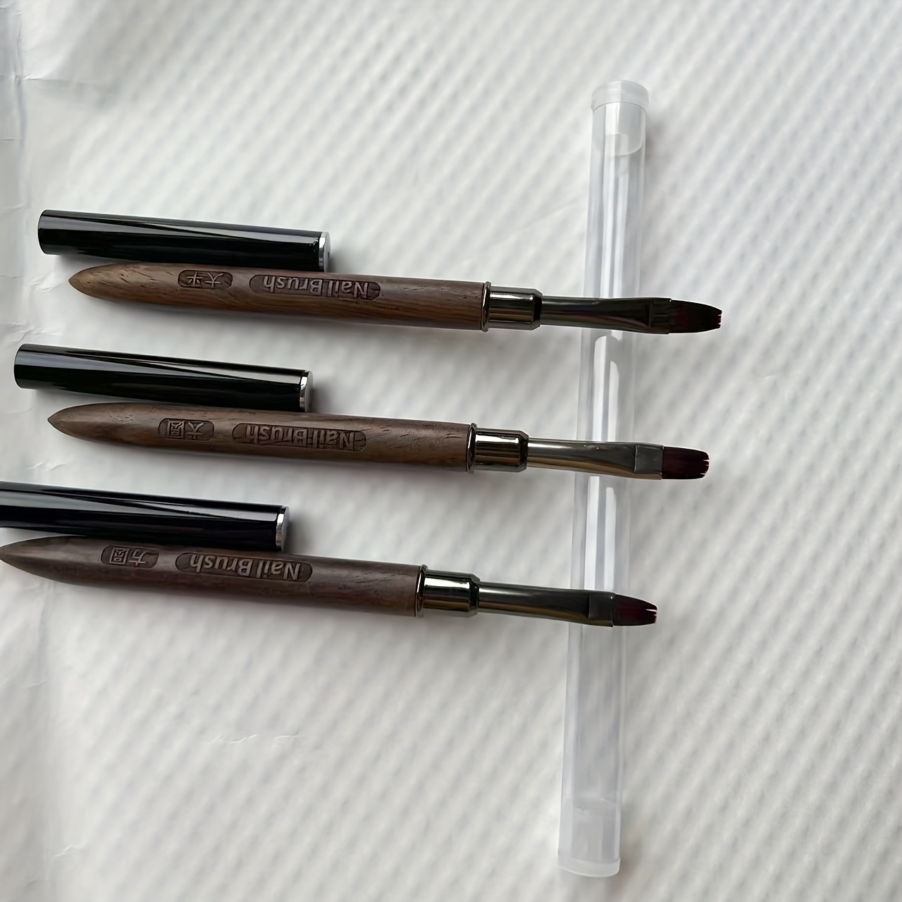 Image of 3pcs Set Of Sandalwood Handle Nail Brushes, Flat, Round And Flat Tapered Round, Precise Application, Unscented, Ideal For Detailed Designs, Nail Supplies