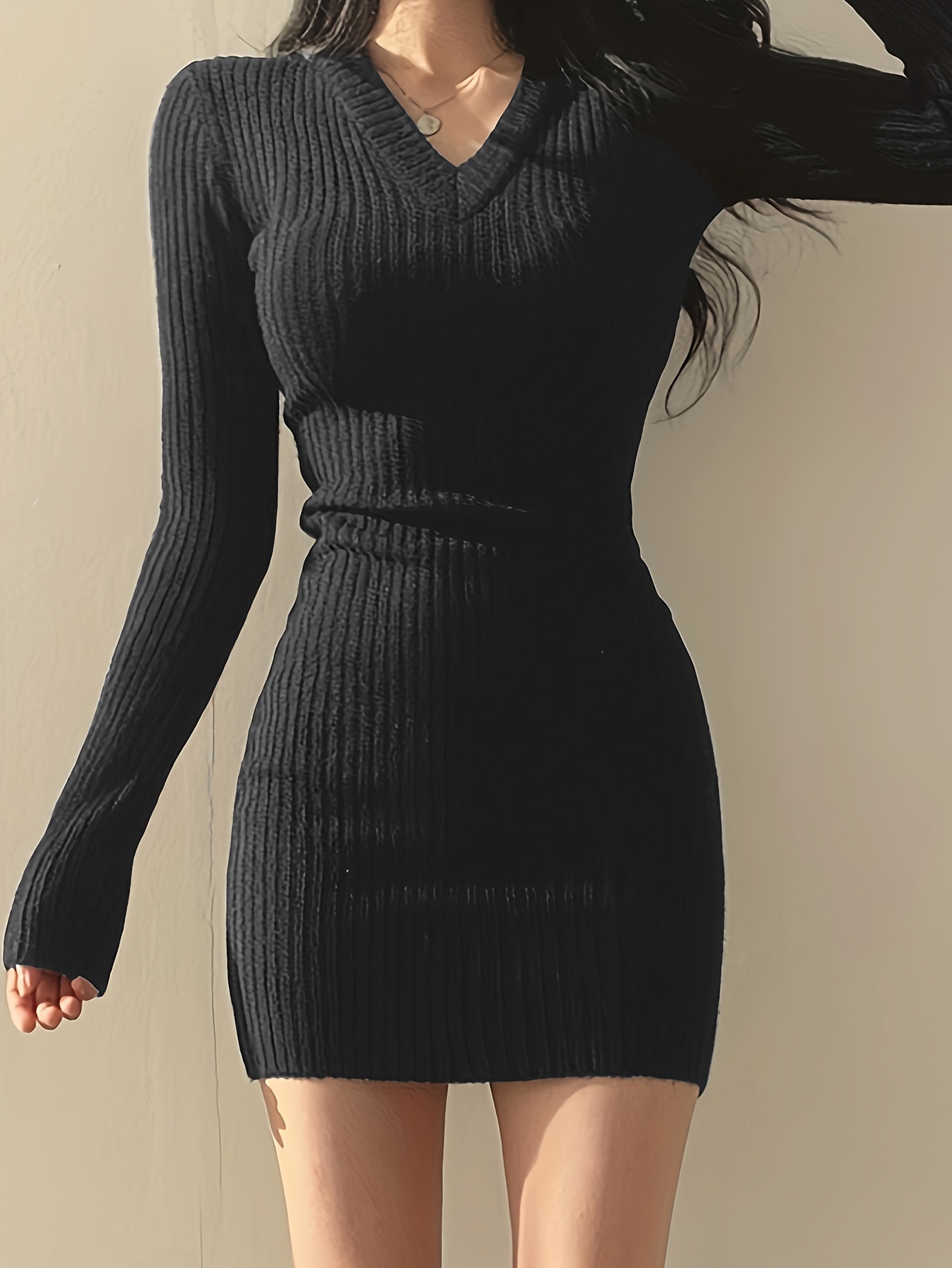 VintageClothing 2023 Women V Neck Long Sleeve Bodycon Sweater Dress Button Up Ribbed Knit Short Dresses, Green, S