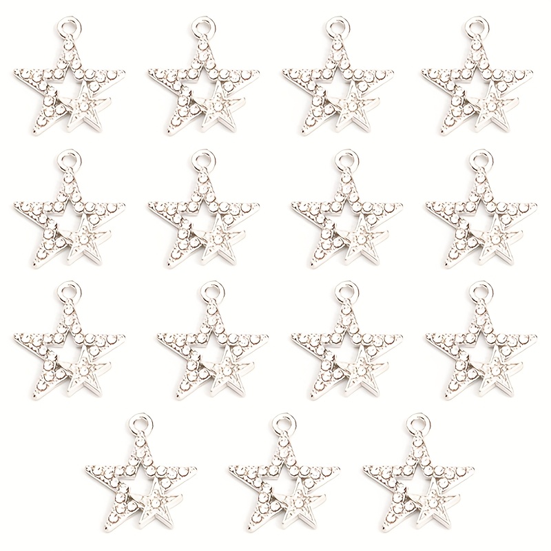 Image of 15pcs Shining Rhinestones Hollow Double Star Charms Sense Pentagram Alloy Pendants For Necklace Earrings Trendy Temperament Jewelry Additions
