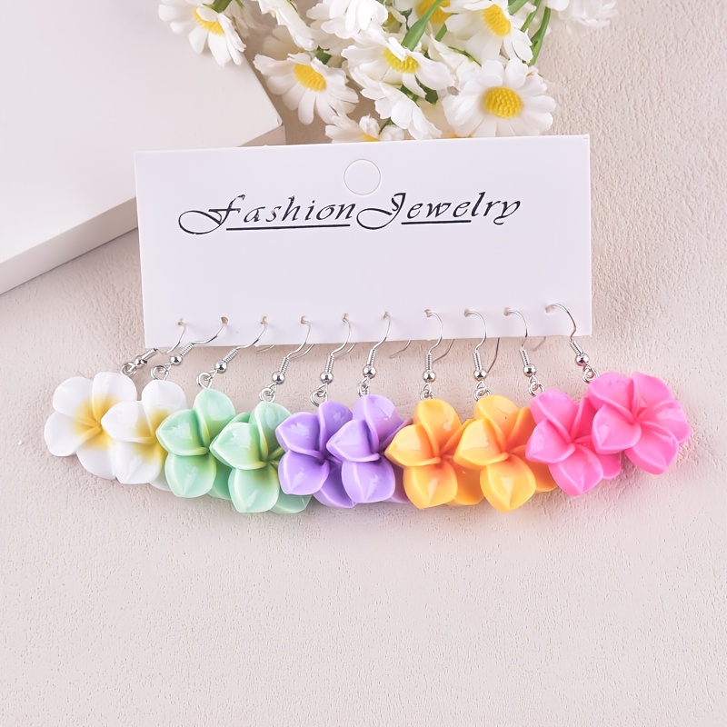TEMU Pair Of 5 Frangipani Colorful Flower Resin Fashion Dangle Earrings