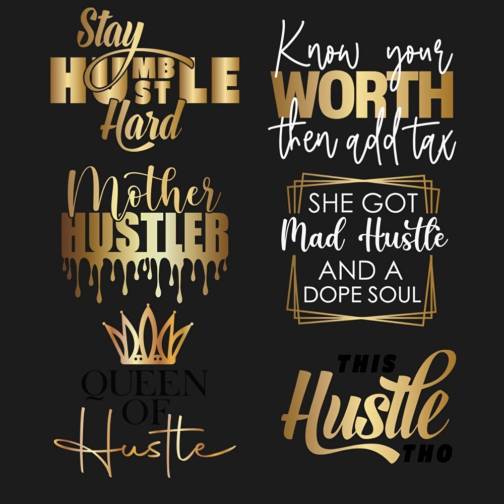 

6 Pack Of Golden Text Style Hot Transfer Stickers - Diy, Washable, And Perfect For Motivational Quotes On Clothing, Bags, And More