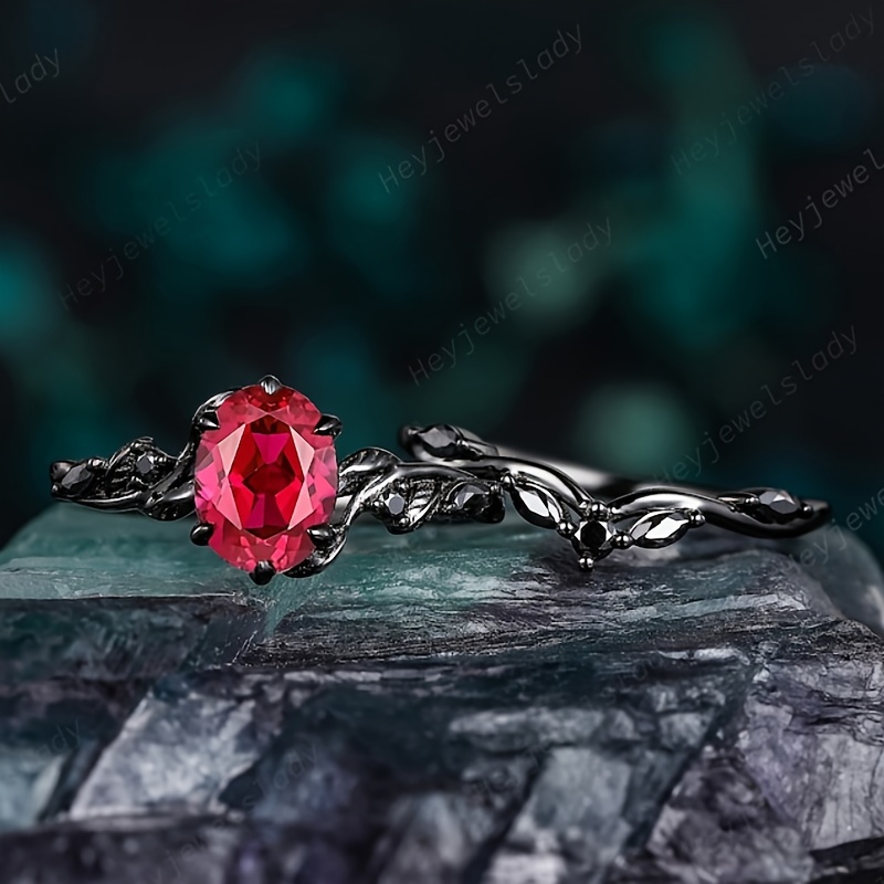 vintage style black oval synthetic ruby engagement ring set Temu