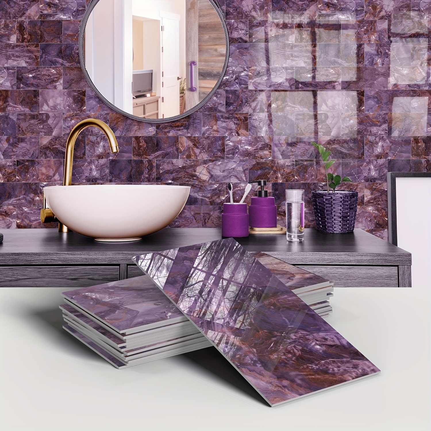 

16pcs Sparkling Crystal Purple Tile Wall Decals - Waterproof & Stain Resistant, Perfect For Home Decor, 4x8 Inches