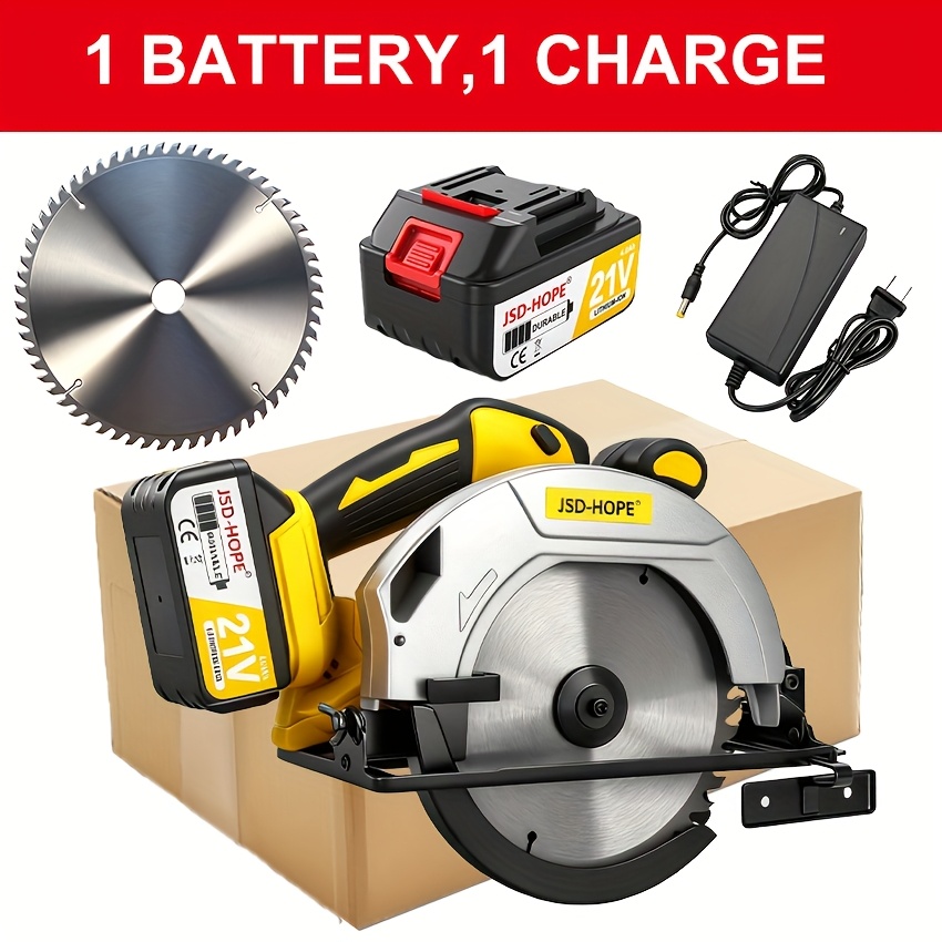TEMU Scie circulaire balais 21V, batterie 4.0Ah, 7 pouces, angle réglable 5500RPM, double interrupteur de sécurité et poignée ergonomique pour
