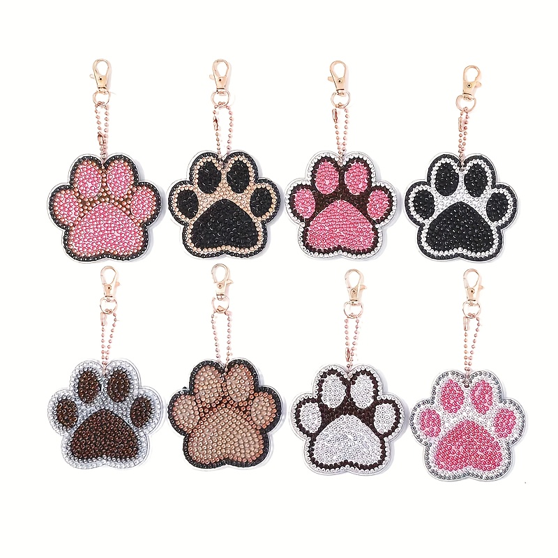 Image of 8 Keychains, Full Diamond Painting Holiday Handmade Mosaic Painting Keychains Round Diamond Shaped Diamond Painting Cute Cat Paw Jewelry 1 Set